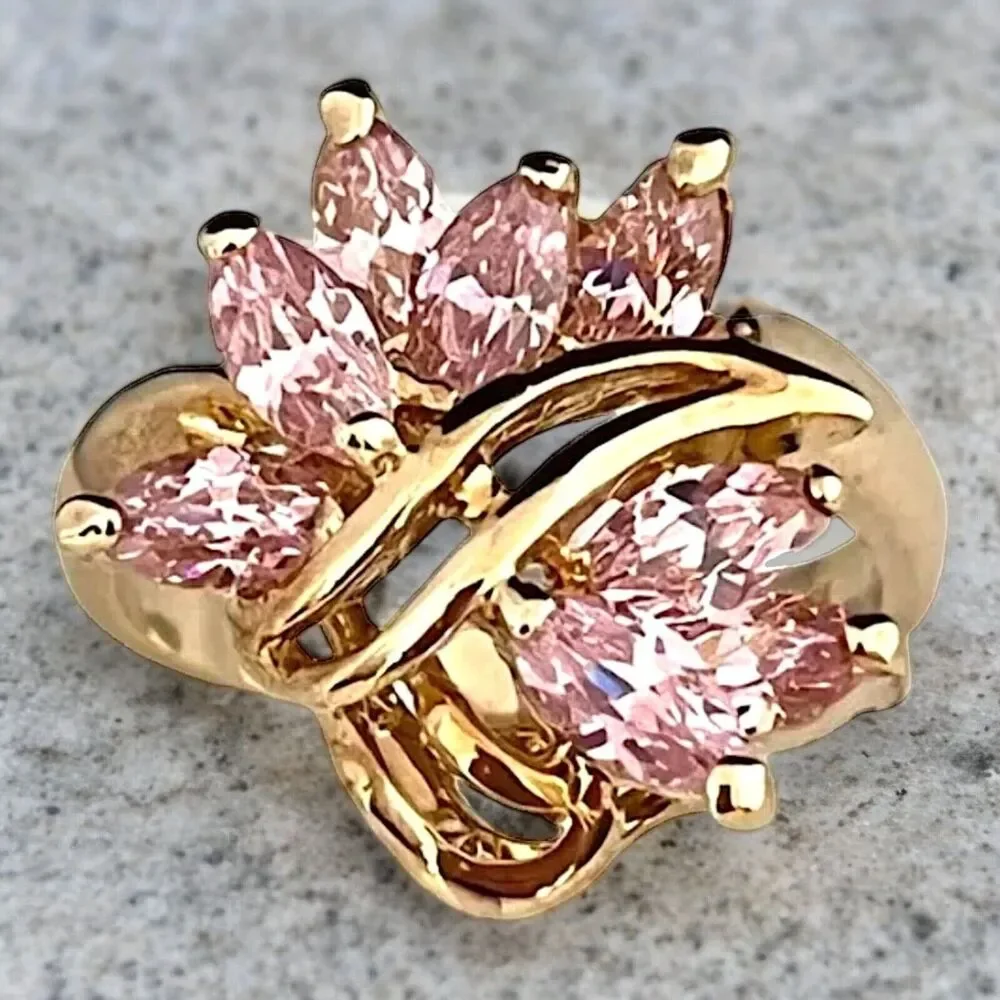 Vintage 1980s Pink CZ Cluster Ring Size 6 14KTGE Gold Plate - 14D